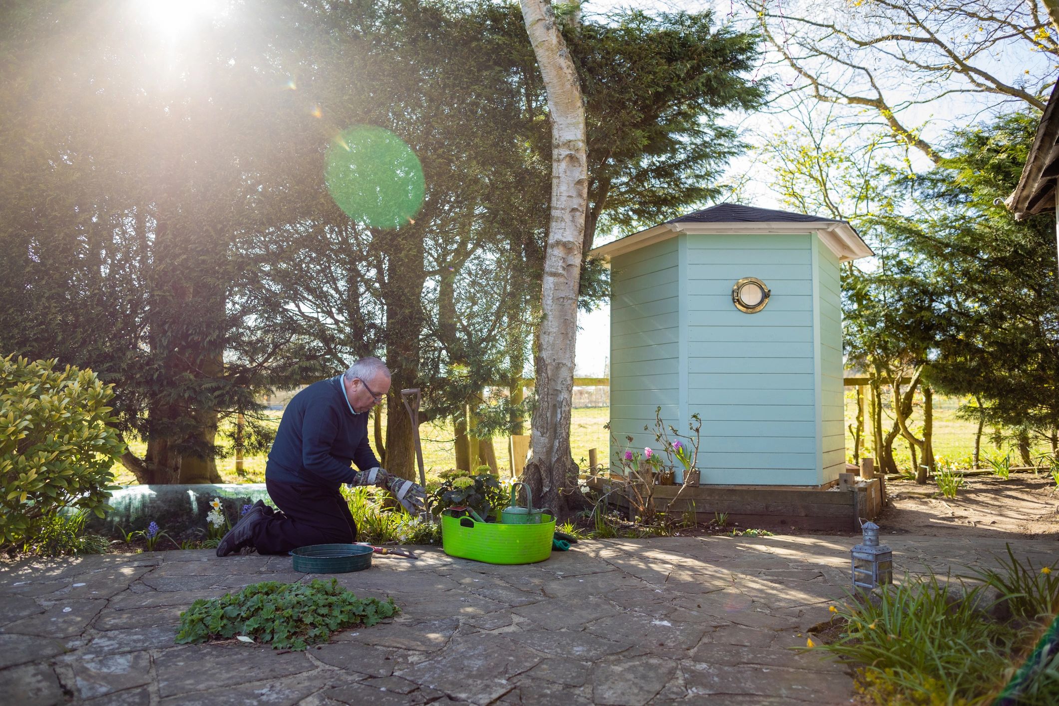 Person gardening near a shed