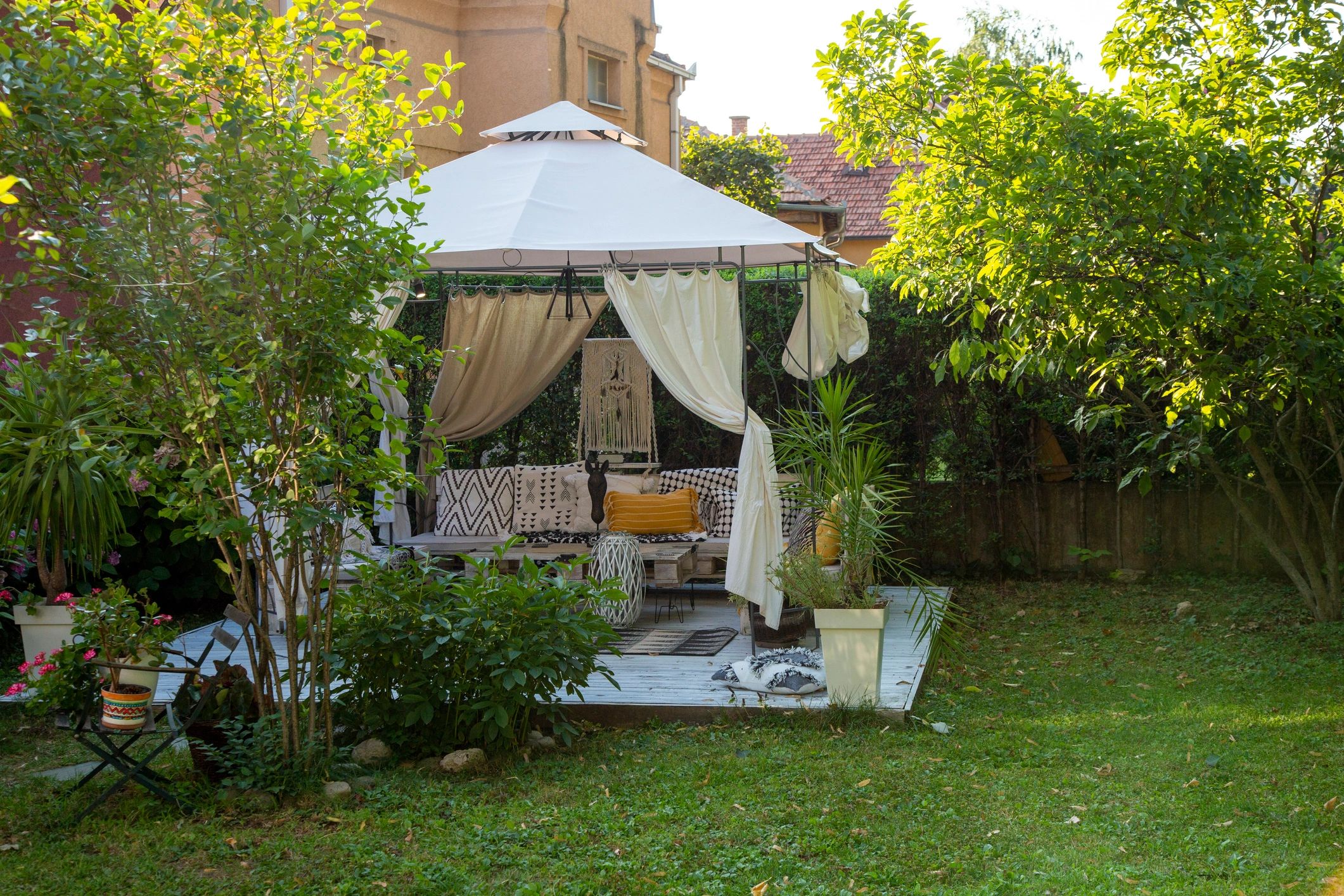 Garden gazebo in a landscaped backyard