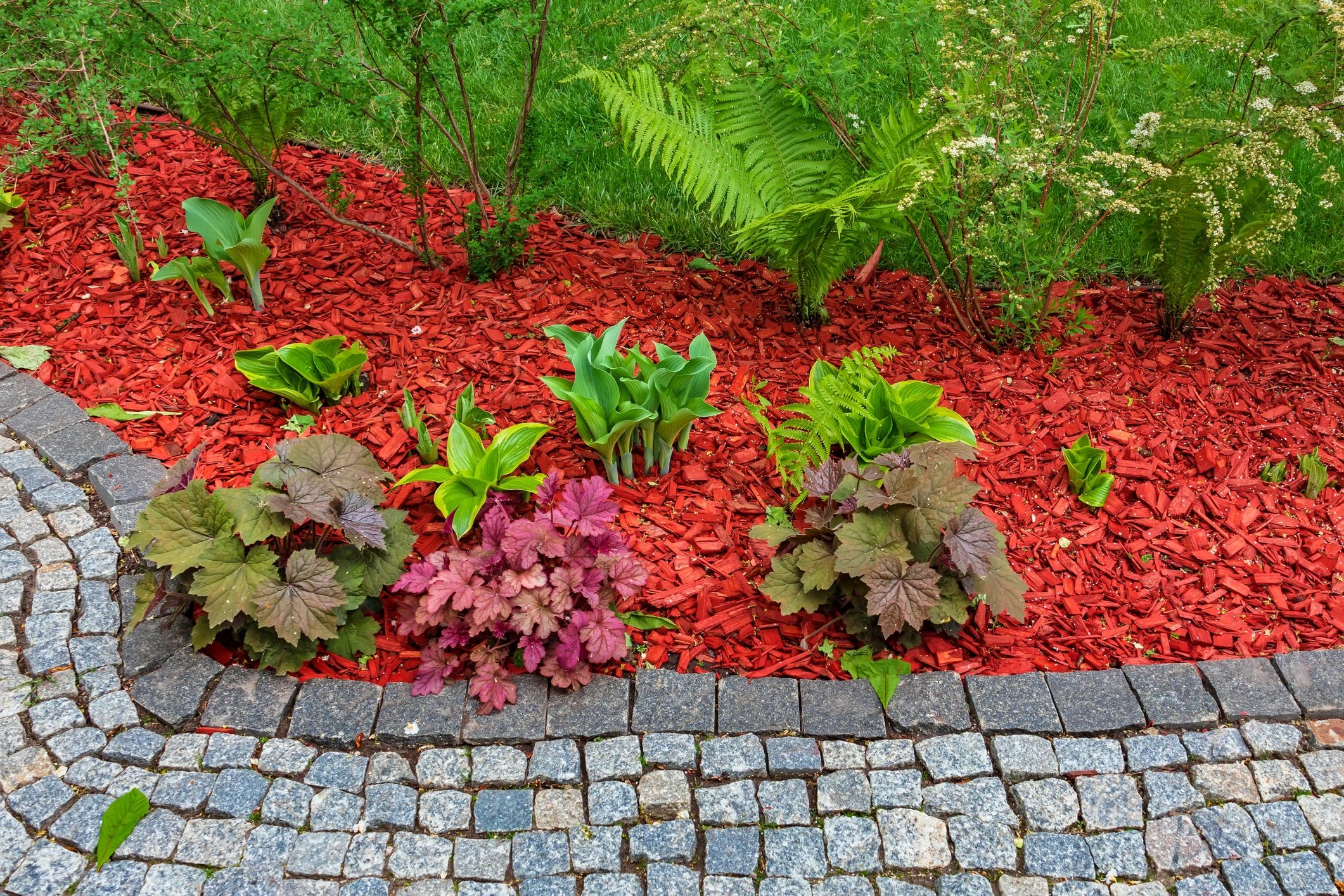 Mulched flowerbed near a stone path